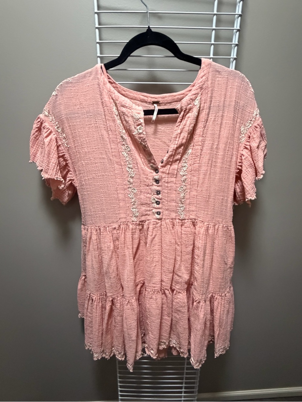 Free People Blush Pink Button-Front Tiered Peasant Tunic